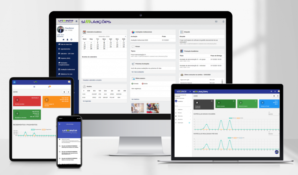 Imagens em telas do Sistema de Gestão Educacional Unimestre, o sistema mais completo do Brasil para gestão integrada de instituições de ensino